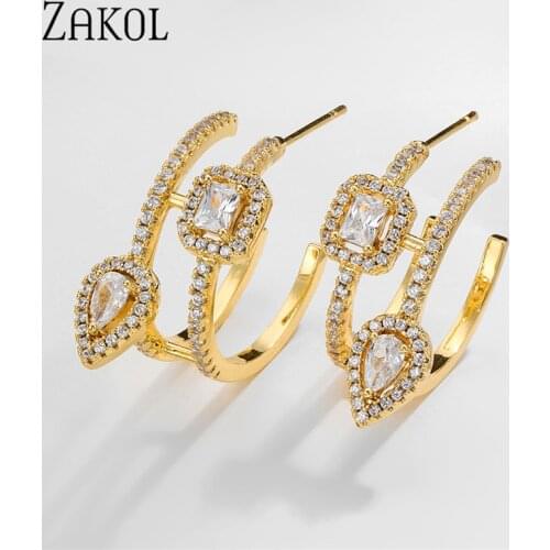 ZAKOL Fashion Water Drop Square Cubic Zirconia Statement Earrings Cute Party Hoop Earring Jewelry for Women FSEP2926