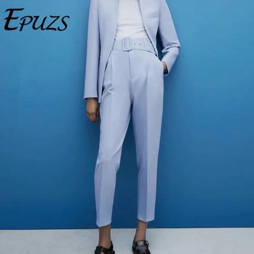 ZA 2021 Women Pants casual office high waist Pants with belt straight Pants purple blue Sweatpant Capris 2021