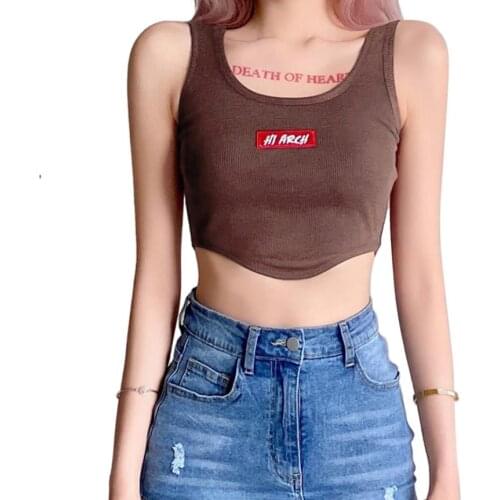 Womens Rib Knit Tank Tops Trendy Sleeveless Letter Embroidery Irregular Hem Crop Tops