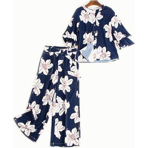 Womens suit 2019 summer new thin high waist wide leg pants two sets of lantern sleeves chiffon printing shirt womens two-piece