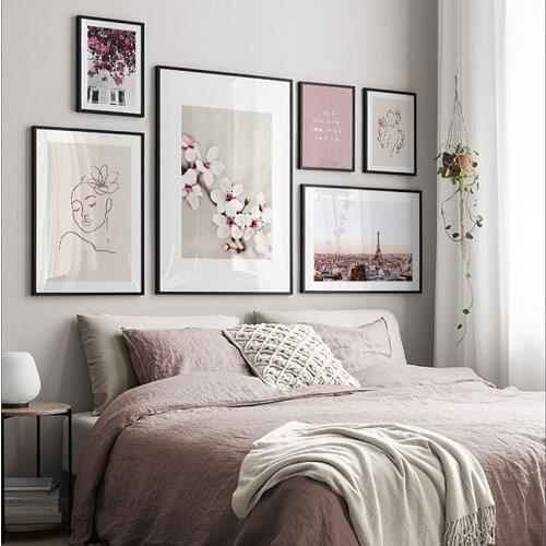 Pink Flower Line Draw Women Feature Canvas Painting Tower Landscape Poster Nordic Print Decorative Wall Art Living Room Decor