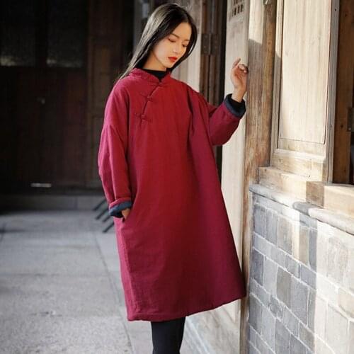 Johnature Women Chinese Style Dress Thick Cotton Linen Robe Stand Long Sleeve Warm 2020 Winter New Loose Solid Color Women Dress