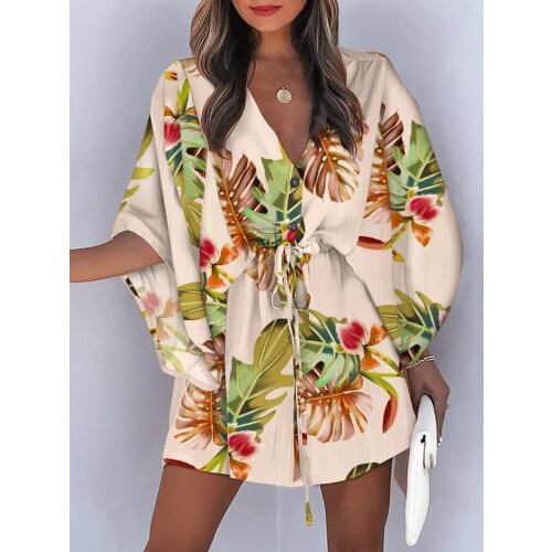 Fashion Leaf Leopard Printed Harajuku Dress Elegant Batwing Sleeve Lace-Up Party Dress Summer V-Neck Irregular Women Mini Dress