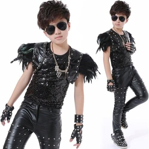 2020 Black Feather Rivet leather Jazz Dance Costumes Sequins Vest Childrens HipHop Clothing Stage Performances Outfits DQS2794