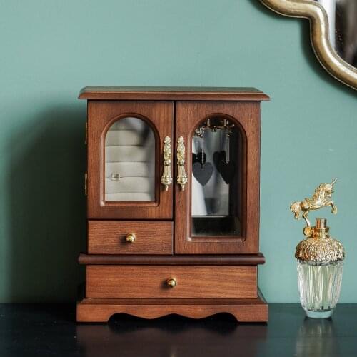 Wooden Retro Jewelry Box Earring Rings Necklace Storage Drawer Home Dressing Table Decoration Jewelry Display Cabinet Multilayer