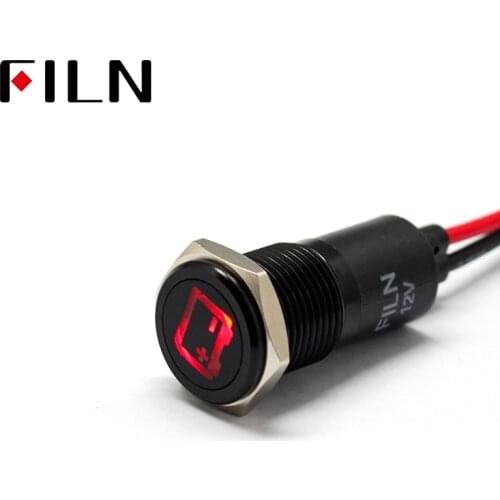 FILN 14mm Car dashboard Battery symbol led red yellow white blue green 12v led Black shell indicator light with 20cm cable