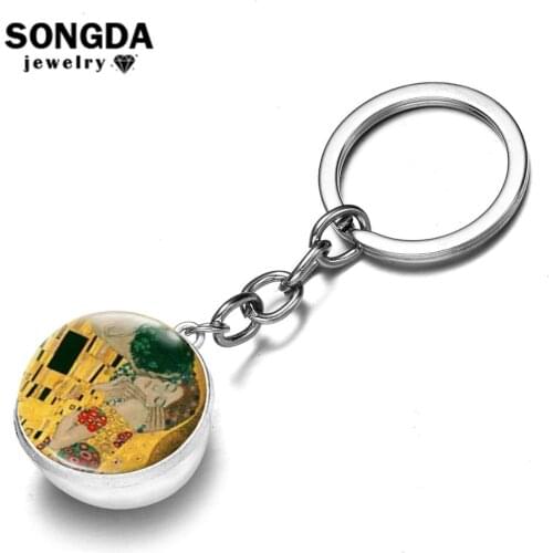 SONGDA Classical Gustav Klimt The Kiss Keychain Mother Love Baby Double Sided Glass Ball Metal Pendant Key Ring Holder for Women