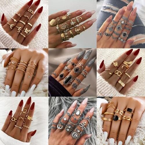 Gold color Rings For Women Vintage Geometric snake cross moon flower crystal Knuckle Ring Set Party Retro Bohemian Jewelry