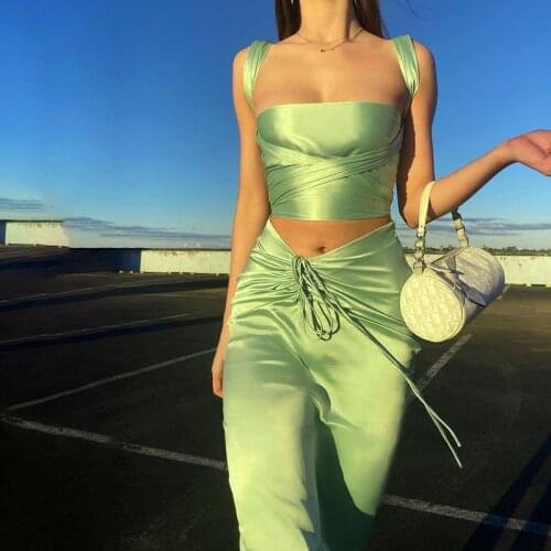 Bangniweigou bright satin crop top long skirt sets women summer wrap tank top with ruched dress two piece set Avocado Green