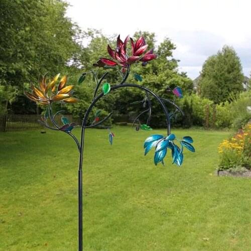 C5AD Large Metal Wind Spinner with Three Spinning Flowers Butterflies Windmill Decor