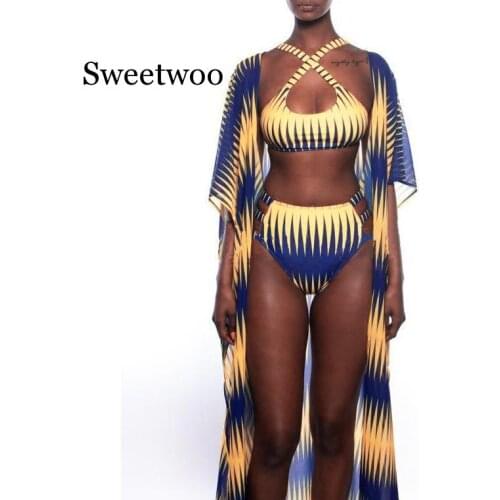 Fashion Print Bikini 3PCS woman sexy African Beach Swimwear Female Set Swim Bathing Suit Female Swimwear with Cover Up