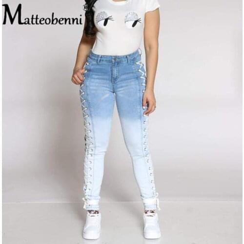 Autumn Women Side Lace up Pencil Tight Pant Sexy Cross Bandage Trousers Skinny Jeans Fashion Streetwear Pocket Jeans Pants 2020