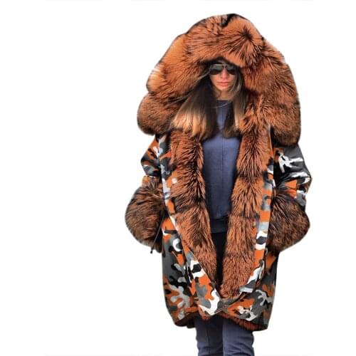 Faux Fur Parkas European American Long Hat Camouflage Coat Autumn Winter Fashion Temperament Jacket Casual Loose Warm Women Coat