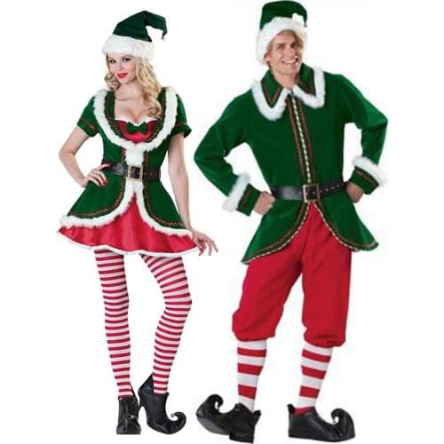 Carnival Santa Claus Green Elf Costume Christmas Jolly Fancy Party Green Velvet Couple Dress Cosplay Halloween