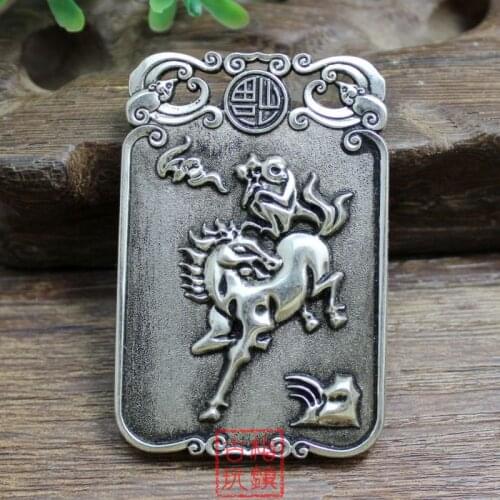 Elaborate Chinese Collection Tibetan Silver Monkey Horse Eagle Auspicious Pendant Plate