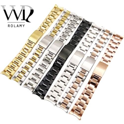 Rolamy 13 17 19 20mm Watch Band Strap Wholesale 316L Stainless Steel Silver Watchbands Oyster Bracelet For Rolex Seiko SKX Tudor