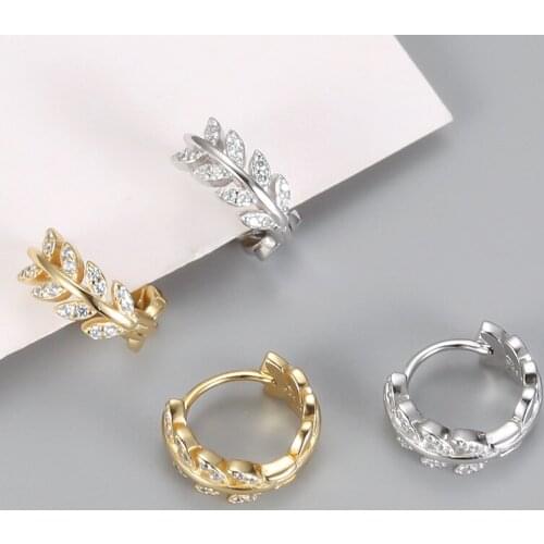 Pave CZ INS Luxury Olive Branch Leaf Stud Earrings for Women Real 100% 925 Sterling Silver Teen Gift Fine Hoop Jewelry