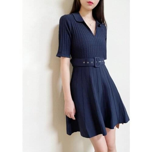 New Spring/Autumn Navy Blue Knitted Belted Skater Mini Dress Size 0-5