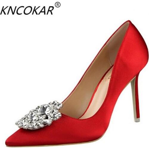 KNCOKAR2018Water drill womens shoes thin heels with high heels sexy thin, thin, shallow-pointed, shining water drill buckle sin