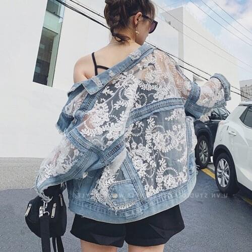Streetwear Lace Patchwork Jean Hole Denim Jacket Coat Women Oversized Long Sleeve Perspective Flower Embroidery Loose Overcoat