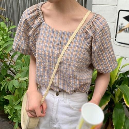 Womens Plaid Print Square Collar Casual Sweet Short Sleeve Shirt Blouses Summer Korean Slim Vintage Women Blouses11