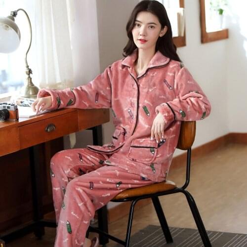 Womens Winter Two-piece Pyjamas Home Suit for Spring Autumn Thicken Long-sleeved Flannel Pants Pajamas Women Warm Soft Homewear