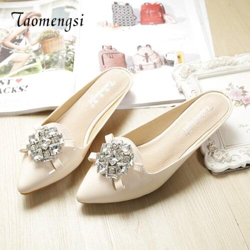 Taomengsi Womens Shoes Slip-On Flat and Wear-resistant Slipper Female Diamond Wide Fat Girl Beige Color Ladies Shoes