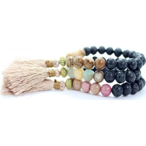 8mm Lava stone beads tassel pendant charm stretch bangle bracelet for women