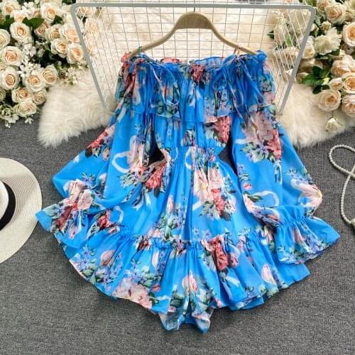 Fashion Summer Flare Sleeve Print Slash Neck Sexy Boho Beach Jumpsuits Womens Rompers Female Holiday Chiffon Playsuits Shorts