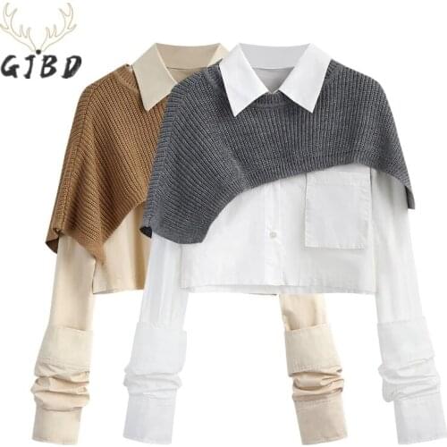 Autumn Korean Fashion Women Two Pieces Sets Long Sleeve Short Blouse Shirt + Solid Knitted Pullover Crop Shawl Sweater Girl Tops