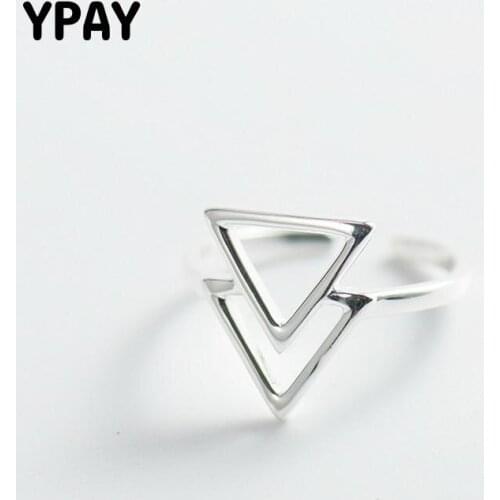 YPAY 100% Genuine 925 Sterling Silver Double Triangle Adjustable Ring for Women Japan & Korean Trendy Fine Jewelry Gifts YMR485