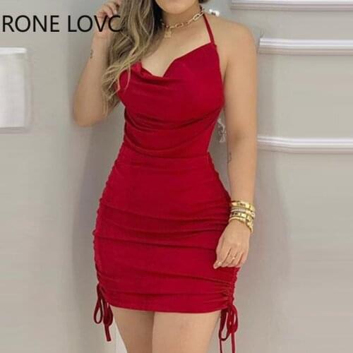 Women Halter Backless Drawstring Ruched Bodycon Dress Party Sexy Dress Elegant Fashion Dress