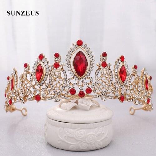 Gold Metal Wedding Crowns Clear Crystals Red Rhinestones Wedding Tiaras Bride Head Accessories SQ435