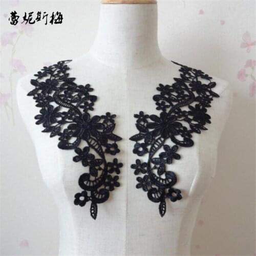 2Pairs 18.5X25cm Ivory Black Polyester Floral Flower Motif Venise Lace Collar Trim Lady Dress Decor YL0097