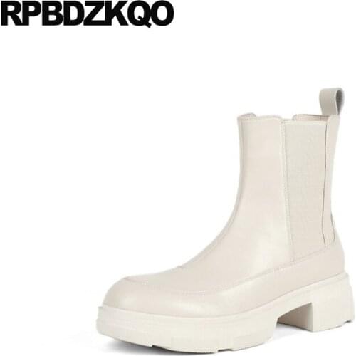 Block Short British Women Boots Winter 2021 Chunky Slip On Shoes Autumn Girls Comfortable Beige Ankle Black Round Toe Chelsea