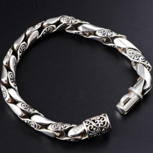 10mm Mens Bracelet 925 Silver Retro Vintage S925 Sterling Silver Link Chain Bracelet Men Male Jewelry Homme bijoux