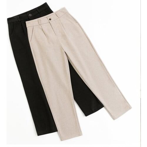 Pop Elegant Women Pants New Autumn Winter Woolen ankle-length trousers High Waist Casual Harem Pants