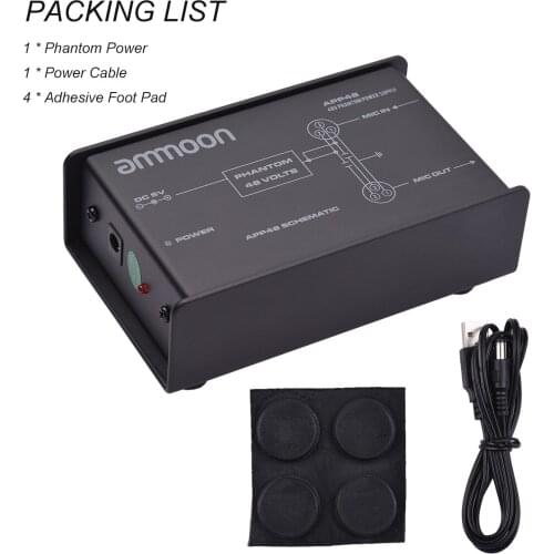 Ammoon 48V Low Noise Phantom Power Supply for Condenser Microphone DC5V Phantom Power Box XLR Input & Output Connectors Audio