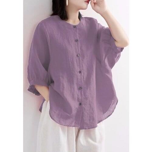 Summer Fashion Half Sleeve Loose Plus Size Shirt Vintage Cotton Linen Blouse Women Casual Thin Purple Femme Blusas X212