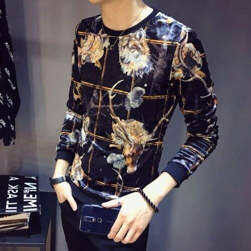 Design Printing Homme Club Outfit Slim Fit Long Sleeve O Neck Velvet 2020 autumn Luxury Men Velour T Shirt