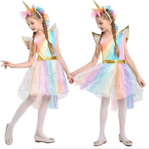 2019 New Girls Unicorn Tutu Dress Pastel Rainbow Princess Girls Birthday Party Dress Children Kids Halloween Unicorn Costume XL