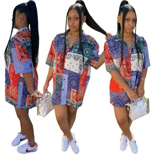 Summer bandana straight shirt dress women short sleeve Button Up mini dresses patchwork Fashion Print Summer Clothes Streetwear