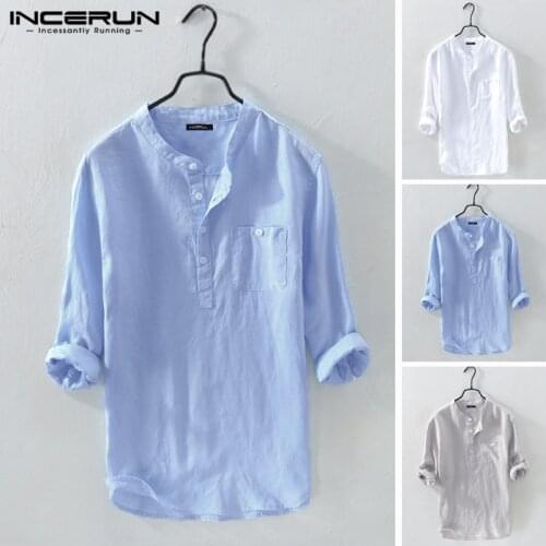 INCERUN 2021 Men Shirt 3/4 Sleeve Cotton Solid Stand Collar Camisa Masculina Tops Streetwear Vintage Brand Shirts Men Harajuku