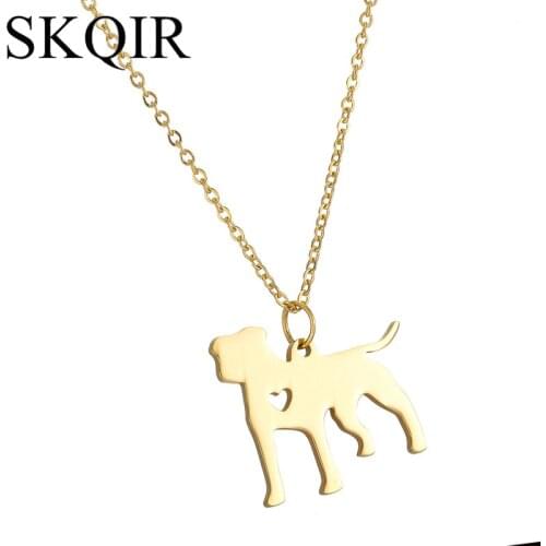 SKQIR Vintage Stainless Steel Long Chain Engrave Gold Color Pit Bull Dog Charm Pendant Statement Necklace Women Heart Jewelry