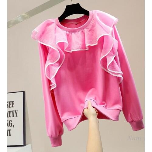 Hoodies Women Sweet Contrast Color Three-Dimensional Ruffled Stitching Crew Neck Pullover Sweatshirt Lady 2021 Spring Top