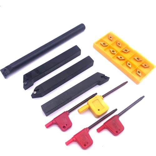 10pcs DCMT070204 Blades Carbide Inserts + 4pcs 12mm 10mm Straight Shank Boring Bar CNC Lathe Turning Tool Holder + 4pcs Wrenches