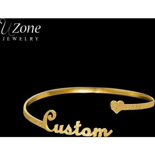 UZone Custom Heart Frosted Name Bangles Stainless Steel Personalized Nameplate Cuff Bangle Bracelets Women Girls Wedding Gift