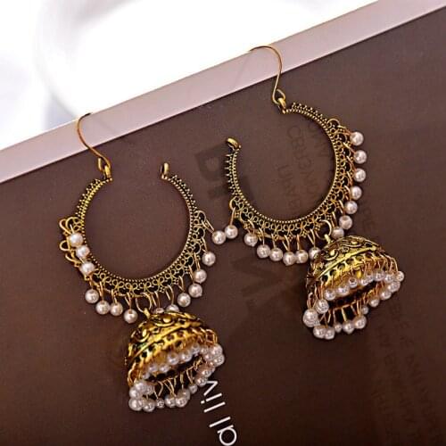 Womens Ethnic Retro Round Indian Jhumka Earrings Classic Vintage White Beads Tassel Earrings Wedding Jewelry Bijoux
