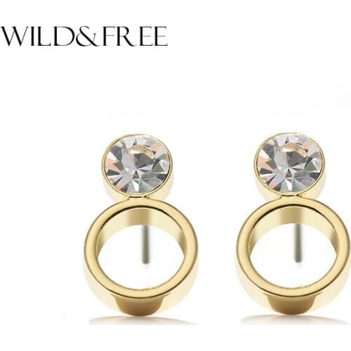 Women Minimalist Copper Gold Color Stud Earrings With Rhinestone Round High Quality Stud Earrings Jewelry For Female Girl