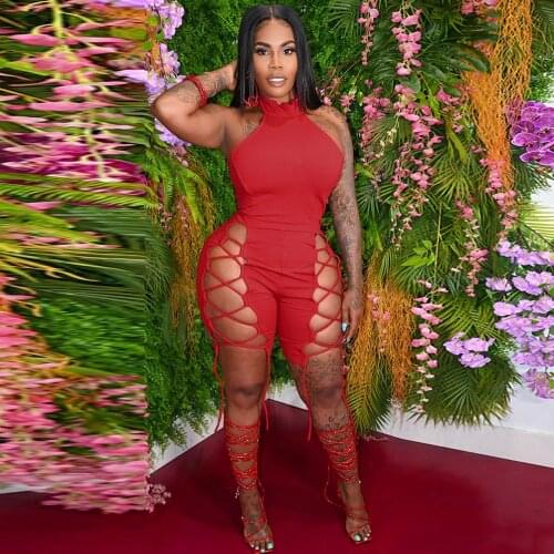 2021 Sleeveless Halter Solid Backless Ribbed Skinny Bodycon Playsuit Summer Women Streetwear Lace Up Hollow Out Party Outfits